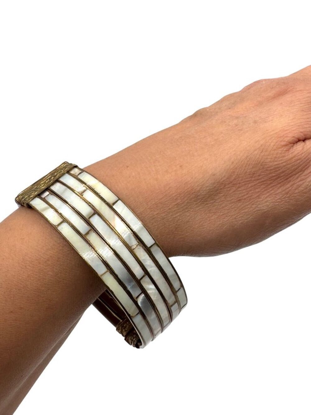 Vintage Inlay Mother of Pearl Cuff Bracelet Gold Tone Hinged